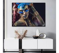 XINBAO Peinture sur toile de femme africaine bleu or, impressions et affiches sur toile, impression de fille, décoration murale de salle d'art, images esthétiques 80x120 cm sans cadre