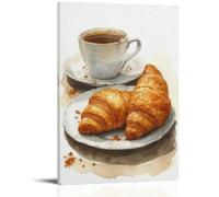 XINBAO Peinture sur toile représentant un croissant et du café, décoration murale, affiche culinaire, pour chambre à coucher, décoration d'intérieur, affiches et impressions, 40 x 60 cm, avec cadre