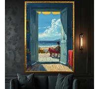 XINBAO Portes ouvertes sur la mer avec une femme lisant - Tableau sur toile représentant une scène côtière paisible, idéal pour la décoration murale de votre maison (60 x 80 cm, sans cadre)