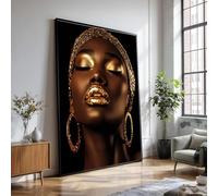 XINBAO Portrait de femme sur toile, glamour doré éclatant, maquillage à l'éclat métallique, gros plan luxueux, peinture décorative moderne (50 x 75 cm/cadre intérieur)