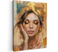 XINBAO Portrait de femme sur toile, œuvre d'art au visage doré pour décoration de salon, tableau mural, peinture contemporaine de figure féminine 40 x 60 cm avec cadre