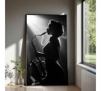 XINBAO Silhouette d'une joueuse de saxophone, peinture de musique jazz, art mural noir et blanc, toile représentant un instrument de musique, décoration rétro (80 x 140 cm/sans cadre)