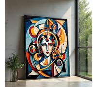 XINBAO Tableau abstrait géométrique sur toile représentant une femme, portrait cubiste, peinture contemporaine colorée, impression d'art pour la décoration intérieure (50 x 70 cm/cadre intérieur)