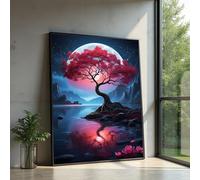 XINBAO Tableau d'arbre au clair de lune, paysage de fleurs rouges, toile de nature nocturne, tableau décoratif sur toile représentant le reflet d'un lac fantastique (70 x 100 cm/cadre intérieur)