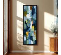 XINBAO Tableau encadré, format allongé et étroit, toile verticale à blocs de couleur, peinture fine, décor bleu et jaune, impression géométrique contemporaine (70 x 210 cm/sans cadre)