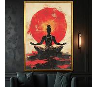XINBAO Tableau mural de méditation et de yoga avec soleil rouge, affiche silhouette puissante de yogi zen, grand format, toile (80 x 110 cm, sans cadre)