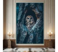 XINBAO Tableau rustique Hibou dans un arbre creux, impression sur toile, art mural animalier, décoration forestière, peinture de hibou sous un ciel étoilé, oiseau vintage (40 x 60 cm/sans cadre)