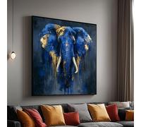 XINBAO Tableau sur toile Éléphant bleu, peinture abstraite d'animaux, toile animalière avec accents dorés, décoration intérieure moderne, grand format (50 x 50 cm avec cadre intérieur)
