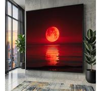 XINBAO Tableau sur toile Lune, Reflet de la pleine lune rouge, Décoration ciel nocturne, Affiches paysage océanique, Peinture de nature, Prêt à accrocher (20x20cm/Sans cadre)