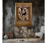 XINBAO Tableau sur toile - Portrait urbain d'une femme encadrée, style Street Art aux tons bruns et beiges - Affiche d'illustration contemporaine (60 x 80 cm/cadre intérieur)