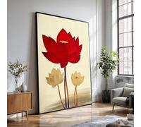 XINBAO Tableau sur toile représentant des fleurs de lotus rouges et beiges, impression botanique florale, décoration intérieure zen, illustration de plante apaisante (30 x 40 cm/cadre intérieur)