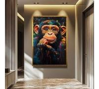 XINBAO Tableau sur toile représentant un chimpanzé, portrait abstrait et coloré d'un singe, art pop animalier amusant pour une décoration intérieure moderne (70 x 100 cm/cadre intérieur)