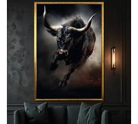 XINBAO Tableau sur toile représentant un taureau majestueux chargeant - Art animalier dynamique symbolisant la puissance et la force, pour la décoration murale de la maison (60x90cm/cadre intérieur)