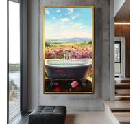 XINBAO Tableau sur toile représentant une baignoire relaxante dans une prairie fleurie - Une escapade paisible en pleine nature, pour la décoration murale de votre maison (40 x 70 cm/cadre intérieur)