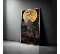 XINBAO Tableau sur toile représentant une grue, Décoration intérieure Lune dorée, Illustration zen, Affiches de peinture contemporaine d'animaux sauvages à plumes (70x110cm/sans cadre)