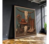 XINBAO Tableau sur toile style western cowboy - Décoration rustique de ranch - Impression sur toile représentant un chapeau et des bottes Longhorn - Œuvre d'art champêtre (80x80cm/sans cadre)