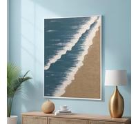 XINBAO Tableau texturé sur toile représentant la mer - Dessin de paysage marin - Affiche texturée vagues - Décoration murale blanche, beige et turquoise (30x40cm/sans cadre)