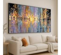 XINBAO Toile abstraite représentant un paysage urbain nocturne, tableau mural avec reflets de la ligne d'horizon, décoration intérieure sur toile impressionniste colorée (55 x 100 cm/cadre intérieur)