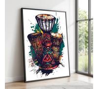 XINBAO Toile de tambours africains colorés, art ethnique et tribal des percussions, décoration murale d'instruments de musique, tableau de décoration intérieure bohème (60x90cm/sans cadre)