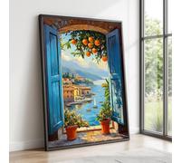 XINBAO Toile murale représentant une vue côtière méditerranéenne avec fenêtre bleue ouverte, paysage d'orangers et village en bord de mer, décoration côtière (80 x 110 cm/cadre intérieur)