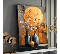 XINBAO Toile nature morte florale, art mural branches fleuries, composition florale en vase, tableau décoratif sur fond de lune dorée (70 x 100 cm/cadre intérieur)