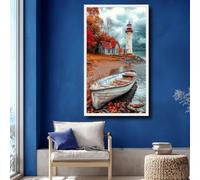 XINBAO Toile représentant un paysage lacustre, un bateau rustique et un phare, un paysage côtier vintage, une toile aux couleurs automnales orangées, décoration (80 x 140 cm/cadre intérieur)