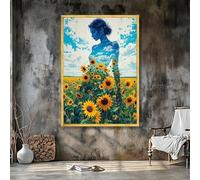 XINBAO Toile représentant une femme dans un champ de tournesols - Silhouette de ciel rêveur - Impressions surréalistes de fille de la nature - Art floral d'été - Peinture 40 x 60 cm avec cadre