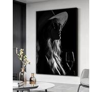 XINBAO Toile représentant une femme tenant un verre de vin, décoration murale avec lunettes de soleil, œuvre d'art en noir et blanc, peinture féminine 30 x 45 cm avec cadre