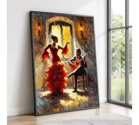 XINBAO Toile représentant une scène de danse flamenco, une musique de guitare, une robe rouge, une décoration méditerranéenne, prête à accrocher (70 x 100 cm, sans cadre)