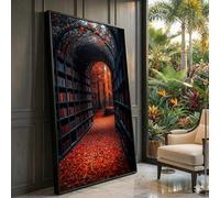 XINBAO Tunnel de bibliothèque, Toile Chemin de feuilles d'automne, Décoration murale forêt, Peinture de livre Décoration murale maison, Images de scènes de nature orange (70x110cm/Sans cadre)