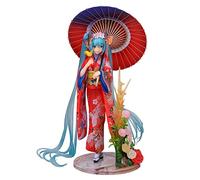 Xinchangda Figurine Miku avec parapluies - Tenue kimono rouge - Présentoir de bureau - Figurine de collection - Statue de Miku - Modèle de personnages de dessin animé