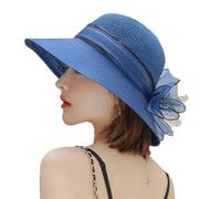 XINCHIA Chapeau de soleil à large bord pour femme - Grande fleur en maille - Chapeau melon élégant - Pour mariage, église, cocktail, thé, fête - Protection UV - Pour voyage, vacances, bleu marine, M/L
