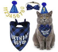 Xindojuz Ensemble de décoration et de tenue d'anniversaire pour chat - Chapeau d'anniversaire réglable avec chiffres, bandana, nœud, écharpe, collier à nouer pour chien, chaton, vêtements de fête de