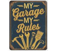 XingFox Affiche rétro en étain « Règles du garage » Mon garage, mes règles Man Cave Art mural Panneau en métal pour atelier, remise à outils et amateurs d'automobiles 8 x 12 pouces