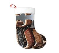 XingFox Chaussette de Noël imprimée chapeau de cowboy et bottes western, en tissu peluche premium, couleurs inaltérables