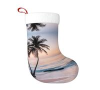 XingFox Chaussette de Noël imprimée Île tropicale avec palmiers et lever de soleil, en tissu peluche premium, résistante à la décoloration