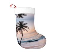 XingFox Chaussette de Noël imprimée Île tropicale avec palmiers et lever de soleil, en tissu peluche premium, résistante à la décoloration