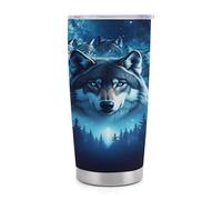 XingFox Gobelet isotherme de voyage en acier inoxydable de 590 ml (20 oz) avec motif Wolf Pack Graphic, poignée et paille, couvercle étanche, design tendance pour boissons chaudes et froides.