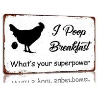 XingFox Je fais caca au petit-déjeuner. Quel est ton super-pouvoir ? Plaque en métal humoristique avec un poulet. Décoration murale vintage style ferme pour poulailler ou cuisine (20 x 30 cm).