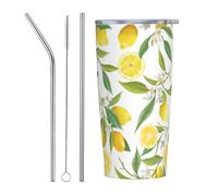 XingFox Mug de voyage isotherme en acier inoxydable avec couvercle et paille, motif citrons tropicaux frais, idéal pour les femmes et les hommes. Cadeau parfait pour les femmes et les hommes.