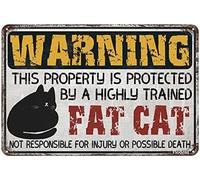 XingFox Panneau d'avertissement vintage en métal : Propriété protégée par un gros chat hautement entraîné. Jardin, rue, garage, extérieur, maison. Panneau humoristique 20 x 30 cm.