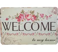 XingFox Panneau mural vintage en métal « Bienvenue chez moi » avec fleurs, style rustique, idéal pour une véranda, une porte de cuisine ou toute autre pièce. 20 x 30 cm.