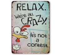 XingFox Plaque en métal - Détendez-vous, on est tous fous, c'est un concours - Plaque murale 20 x 30 cm (8 x 12 pouces) pour la maison, le bureau, la chambre, l'extérieur, les cafés et les pubs.