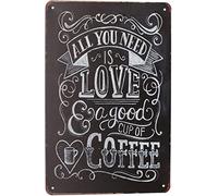 XingFox Plaque en métal « Tout ce dont vous avez besoin, c'est d'amour et d'une bonne tasse de caf頻 - Affiche rétro - Décoration murale pour bar, café, maison, jardin ou terrasse - 20 x 30 cm