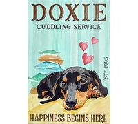 XingFox Teckel Chien Doxie Service de câlins Le bonheur commence ici Panneaux en métal drôle Panneau en métal vintage rétro pour la maison Café Décoration murale 8 x 12 pouces