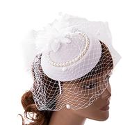 XINGLIDA Bibi pour femme - Bandeau de cocktail - Voile en maille - Plumes - Fascinator - Pour fête de thé, Blanc.