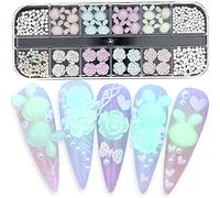 XINGLIDA Breloques à ongles lumineuses en forme de lapins et roses à paillettes - Strass brillants - Décoration 3D pour ongles