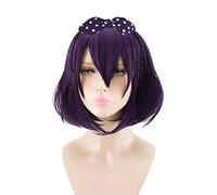 Xingwang Queen Anime Perruque courte et raide pour cosplay Noir/violet 35 cm + bonnet gratuit