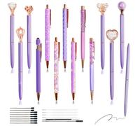 XingyLi Lot de 28 stylos à bille violets avec diamants en cristal, 14 stylos à bille rétractables avec couronnes métalliques scintillantes et 14 mines d'encre noires, jolis stylos en forme de sable