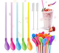 Xinlon 20 Pièces Pailles Cuillère Réutilisable, Paille à Détachables, 2 en 1 Cuillère à Paille Réutilisable, Pailles en plastique multicolores avec 2 pailles brosse de nettoyage pour Plage,Bar,Fête